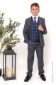 Boys Grey Suit with Navy Tartan Check Waistcoat - Lincoln