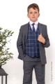 Boys Grey Suit with Navy Tartan Check Waistcoat - Lincoln