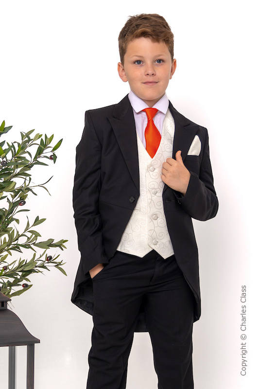 Boys Black & Ivory Tail Suit with Orange Tie - Philip