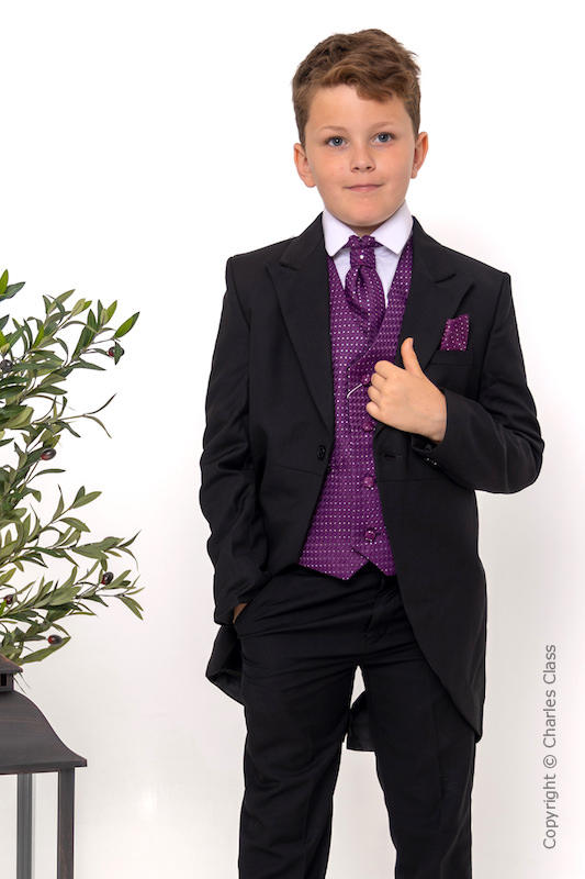 Boys Black & Purple Diamond Tail Coat Suit - Ethan