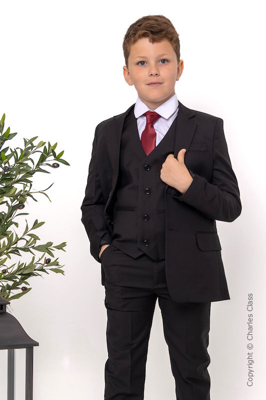 Boys Black Suit with Burgundy Tie - Marcus