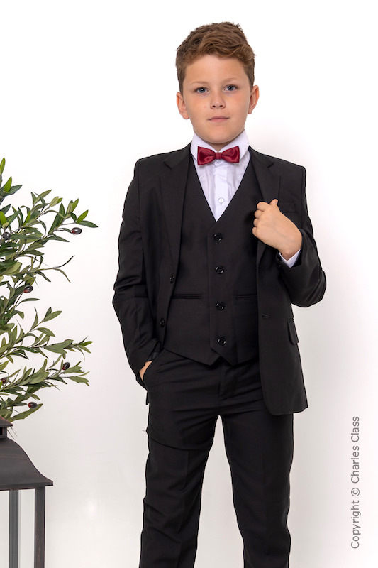 Boys Black Suit with Burgundy Dickie Bow - Marcus