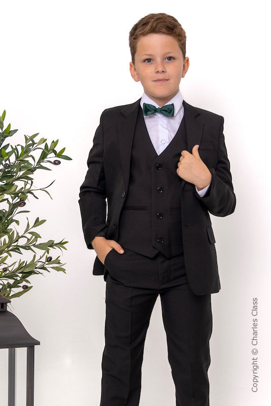 Boys Black Suit with Dark Green Dickie Bow - Marcus