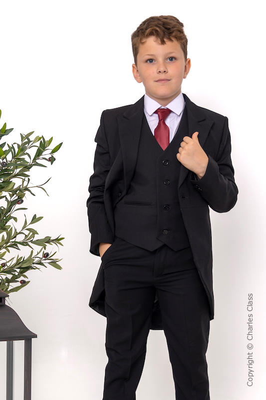 Boys Black Tail Coat Suit with Burgundy Tie - Ralph