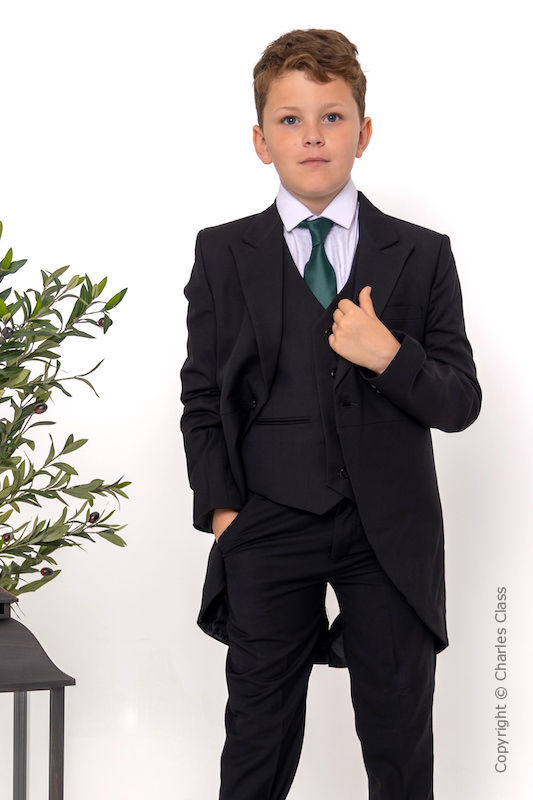 Boys Black Tail Coat Suit with Dark Green Tie - Ralph