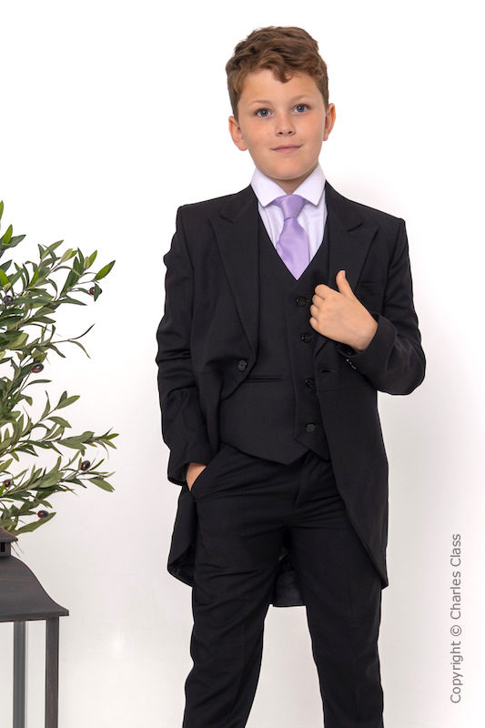 Boys Black Tail Coat Suit with Lilac Tie - Ralph