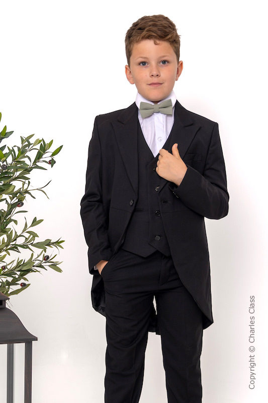 Boys Black Tail Coat Suit with Sage Green Check Dickie Bow - Ralph