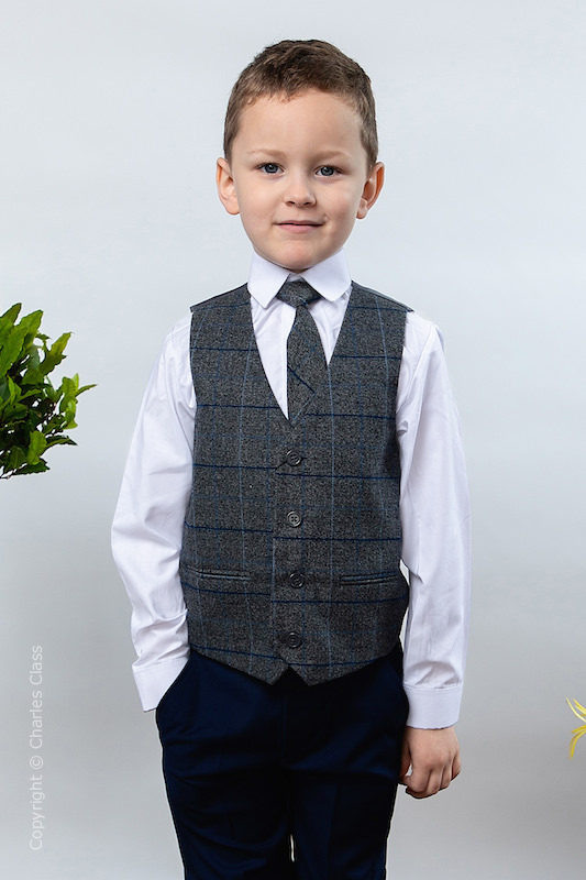 navy blue suit with tweed waistcoat