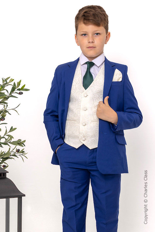 Boys Electric Blue & Ivory Suit with Dark Green Tie - Bradley