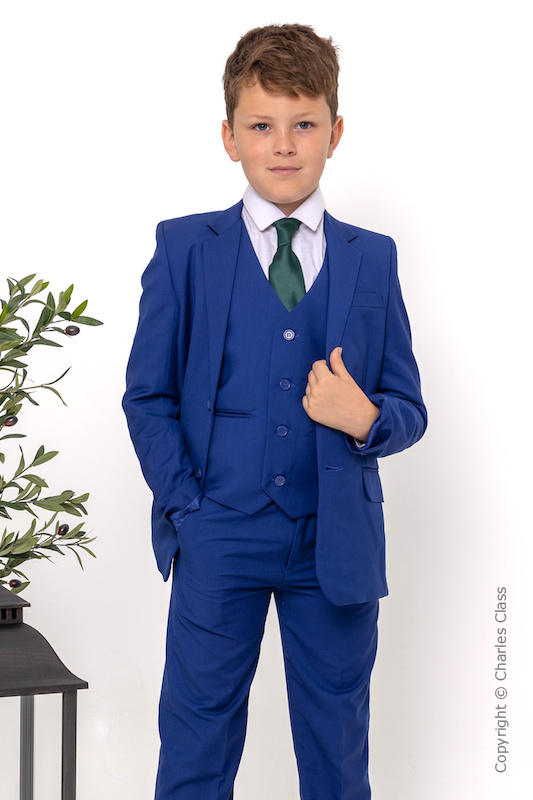 Boys Electric Blue Suit with Dark Green Tie - Barclay