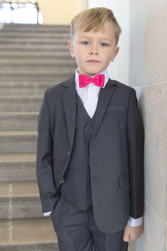 Boys Mid Grey Wedding Suit with Hot Pink Dickie Bow | Charles Class