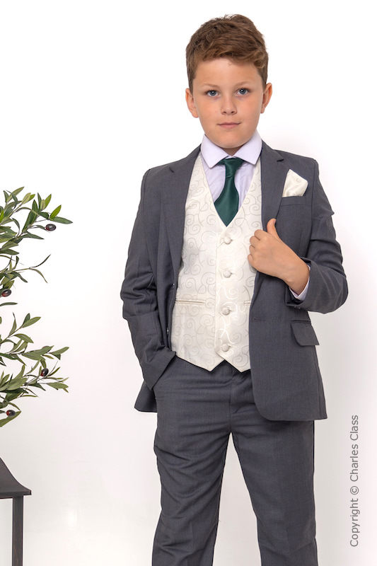 Boys Grey & Ivory Suit with Dark Green Tie - Oliver