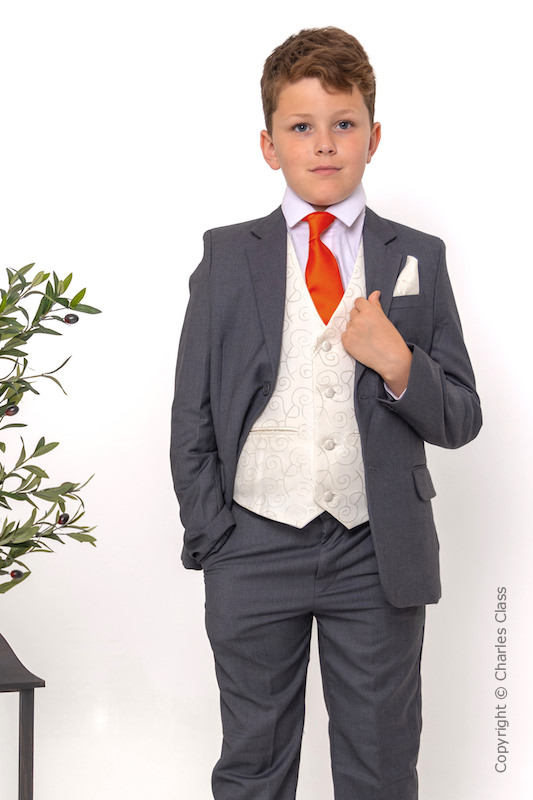 Boys Grey & Ivory Suit with Orange Tie - Oliver