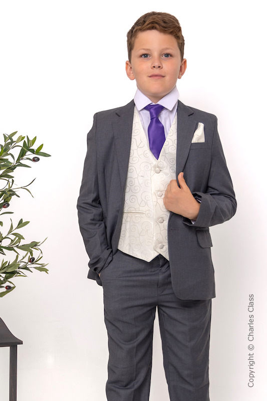 Boys Grey & Ivory Suit with Purple Tie - Oliver