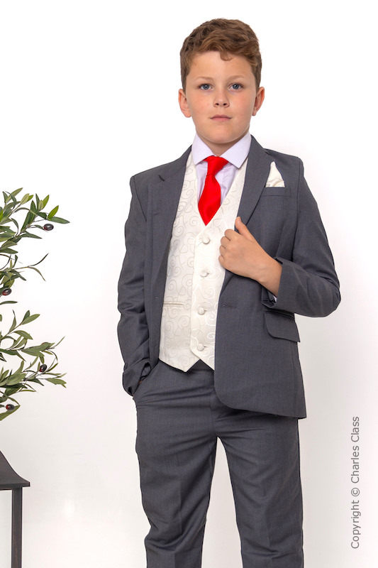 Boys Grey & Ivory Suit with Red Tie - Oliver