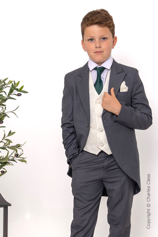 Boys Grey & Ivory Tail Suit with Dark Green Tie - Melvin