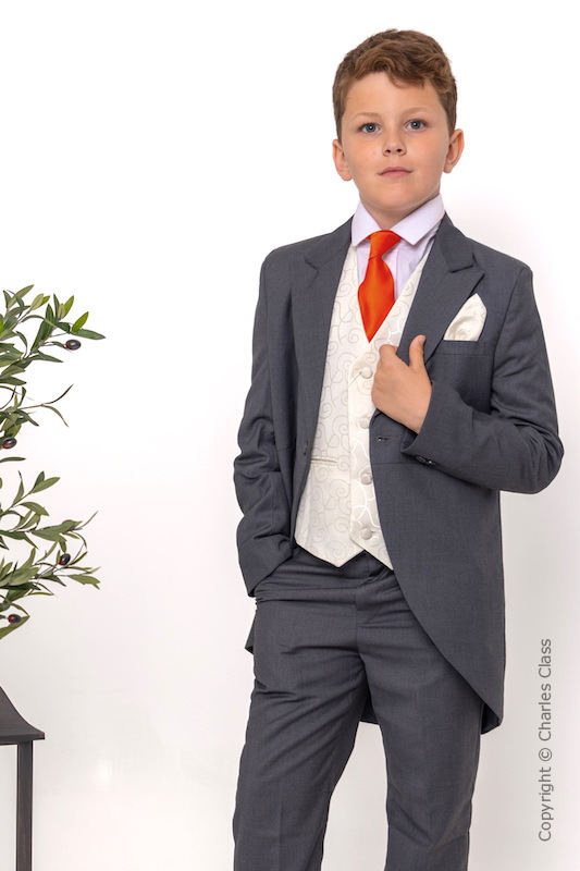 Boys Grey & Ivory Tail Suit with Orange Tie - Melvin