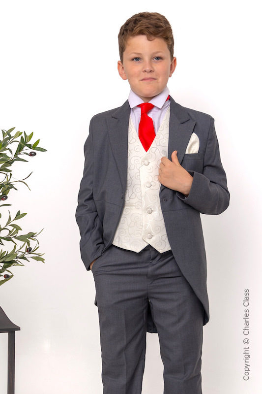 Boys Grey & Ivory Tail Suit with Red Tie - Melvin