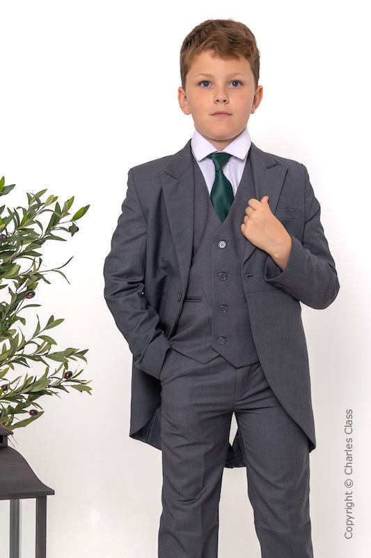 Boys Grey Tail Coat Suit with Dark Green Tie - Earl