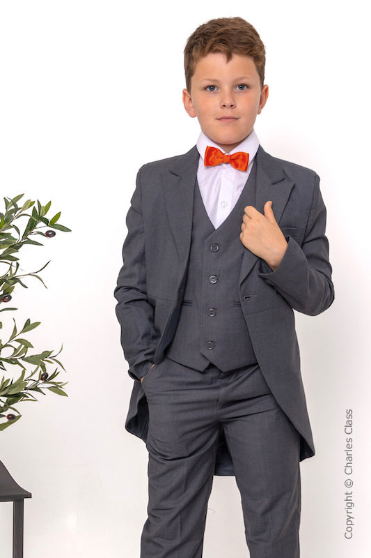 Boys Grey Tail Coat Suit with Orange Dickie Bow - Earl