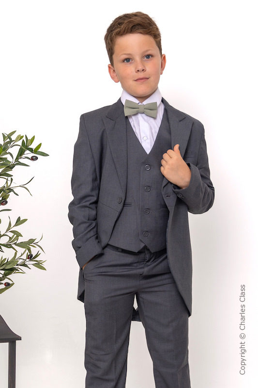 Boys Grey Tail Coat Suit with Sage Green Check Dickie Bow - Earl