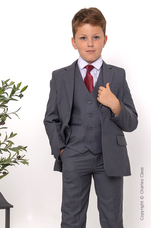 Boys Grey Jacket Suit with Burgundy Satin Tie - Oscar