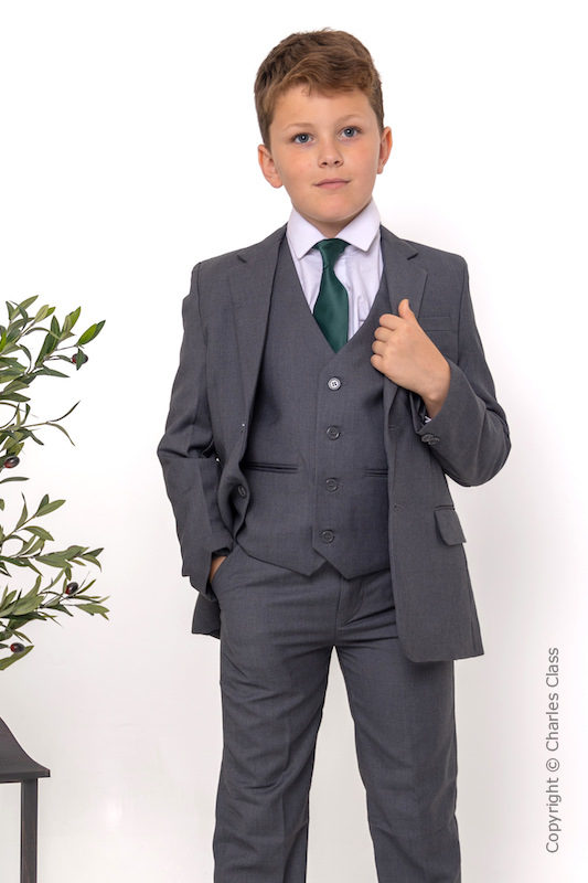 Boys Grey Jacket Suit with Dark Green Satin Tie - Oscar