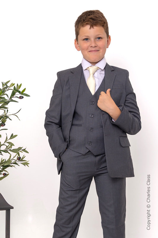 Boys Grey Jacket Suit with Ivory Satin Tie - Oscar