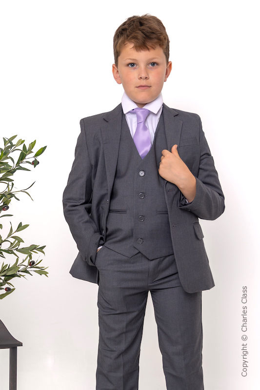 Boys Grey Jacket Suit with Lilac Satin Tie - Oscar