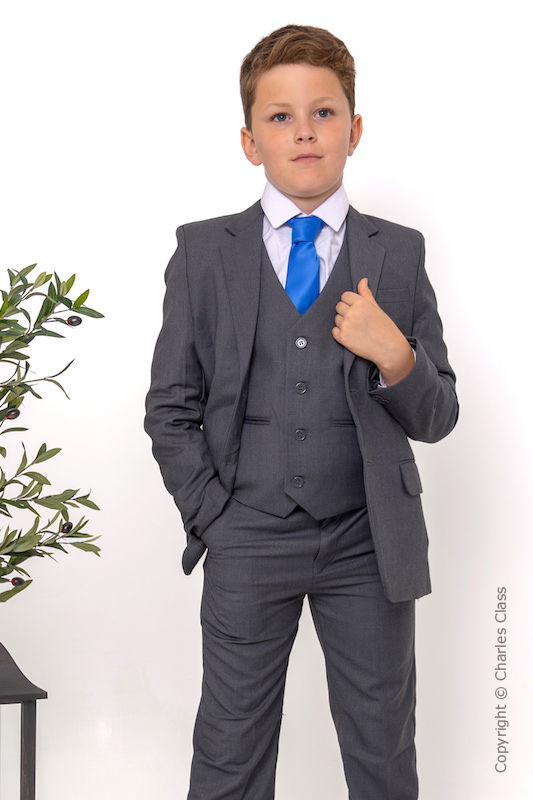 Boys Grey Jacket Suit with Royal Blue Satin Tie - Oscar