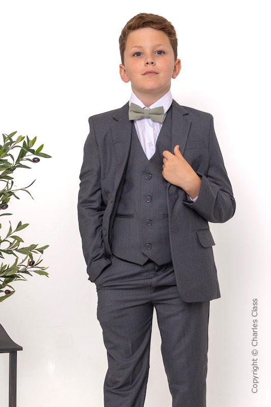 Boys Grey Jacket Suit with Sage Green Check Dickie Bow - Oscar