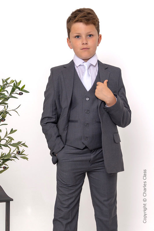 Boys Grey Jacket Suit with White Satin Tie - Oscar