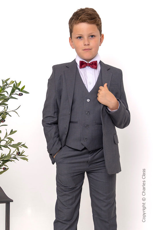 Boys Grey Jacket Suit with Burgundy Dickie Bow - Oscar