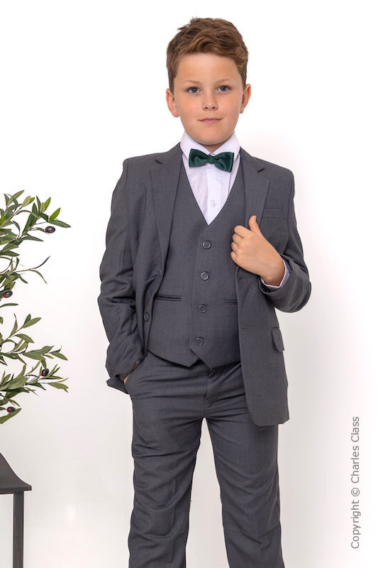 Boys Grey Jacket Suit with Dark Green Dickie Bow - Oscar