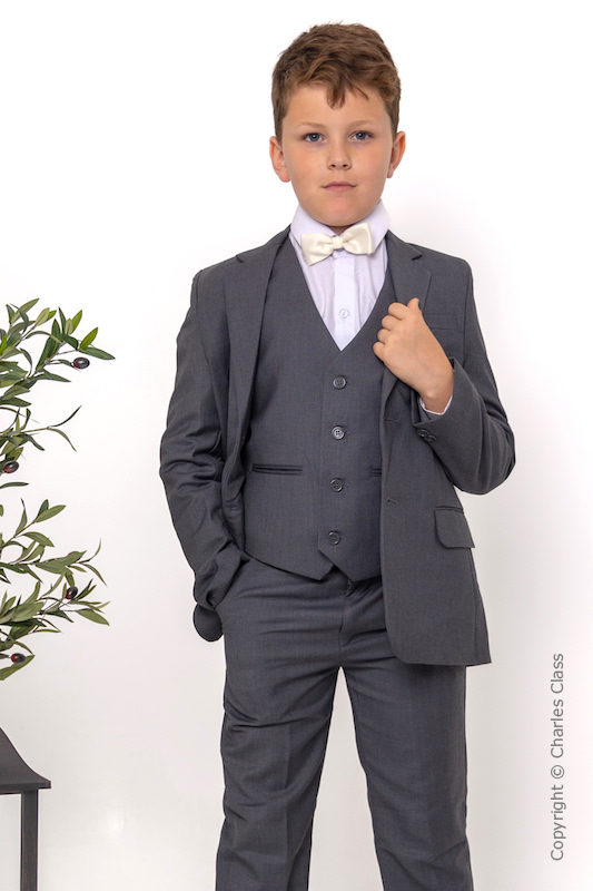 Boys Grey Jacket Suit with Ivory Dickie Bow - Oscar