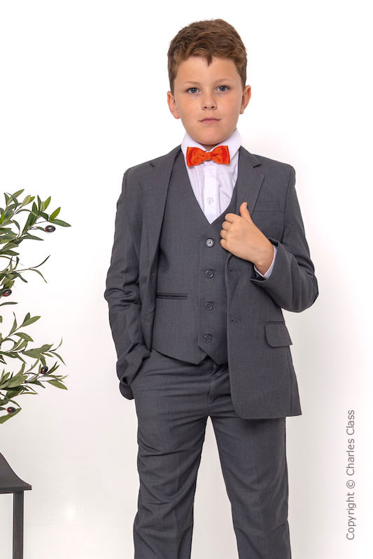 Boys Grey Jacket Suit with Orange Dickie Bow - Oscar