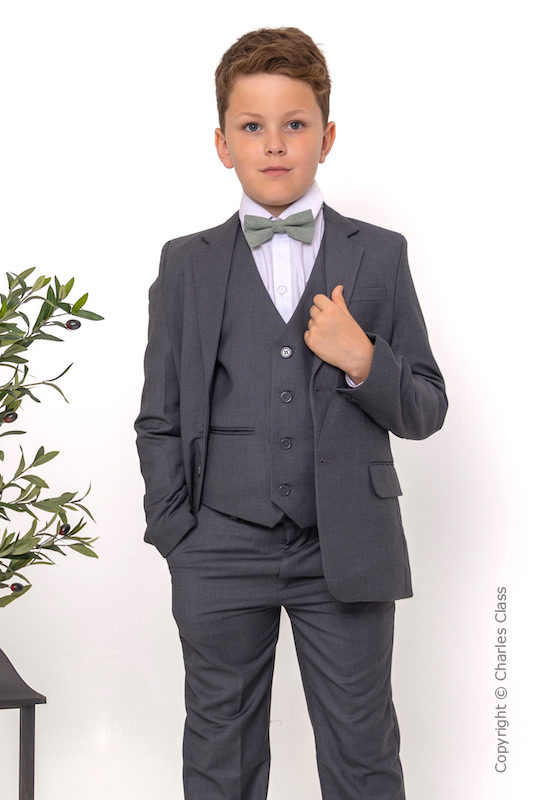 Boys Grey Jacket Suit with Sage Green Textured Dickie Bow - Oscar