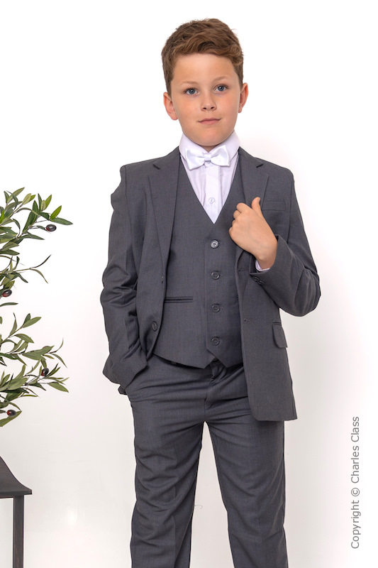 Boys Grey Jacket Suit with White Dickie Bow - Oscar