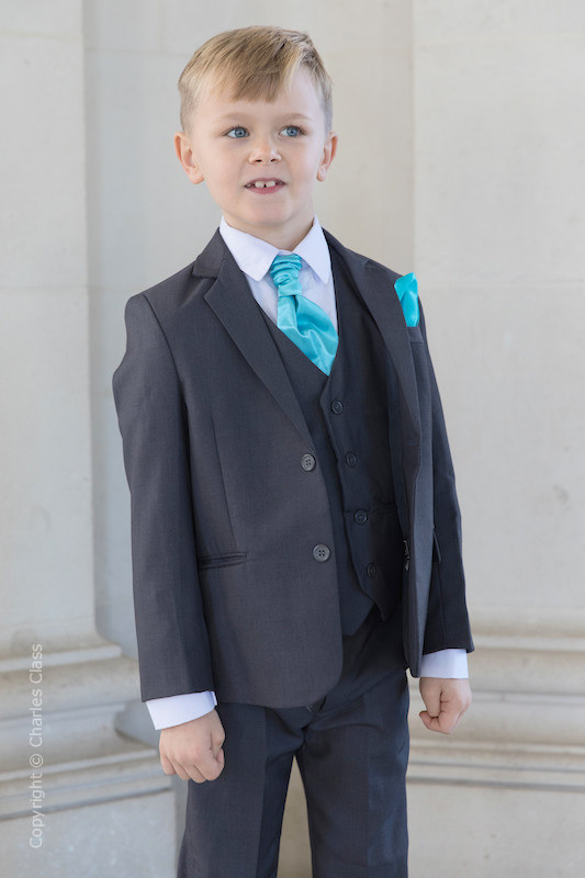 gray suit turquoise tie