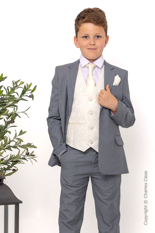 Boys Light Grey & Ivory Suit with Ivory Tie - Tobias