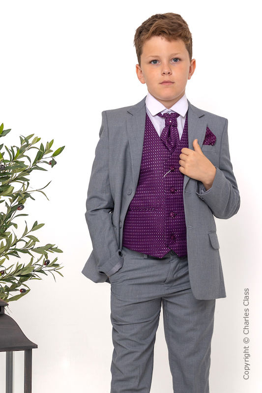 Boys Light Grey & Purple Diamond Jacket Suit - Hudson