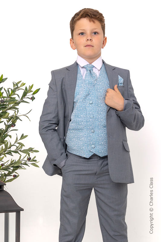 Boys Light Grey & Blue Scroll Jacket Suit - Tobias