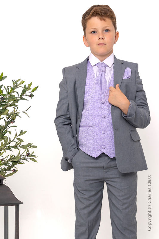 Boys Light Grey & Lilac Scroll Jacket Suit - Tobias