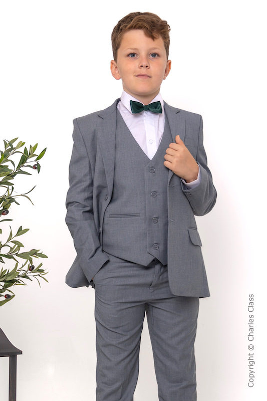 Boys Light Grey Jacket Suit with Dark Green Dickie Bow - Perry