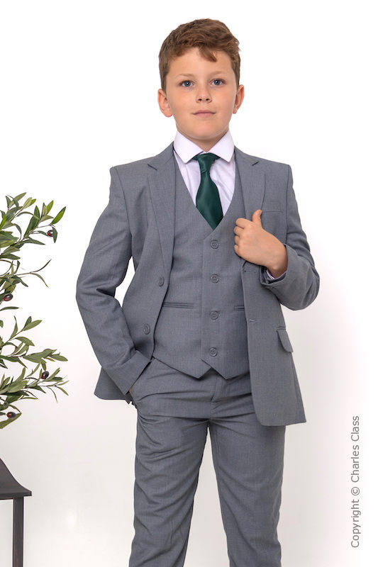 Boys Light Grey Jacket Suit with Dark Green Tie - Perry