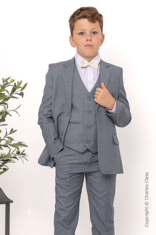 Boys Light Grey Jacket Suit with Ivory Dickie Bow - Perry