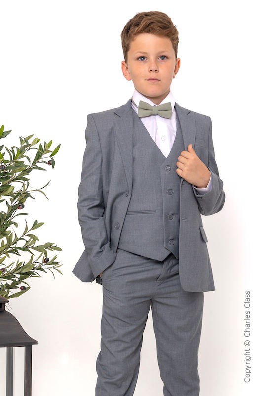 Boys Light Grey Jacket Suit with Sage Green Check Dickie Bow - Perry