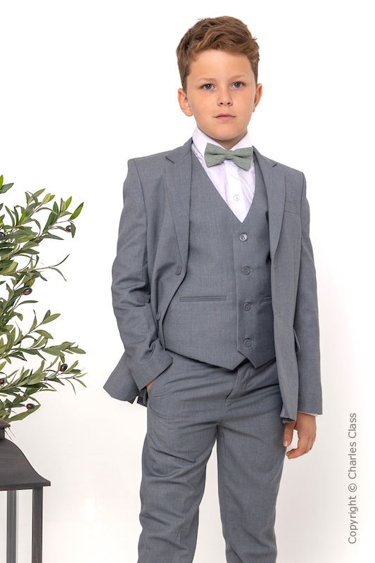 Boys Light Grey Jacket Suit with Sage Green Textured Dickie Bow - Perry