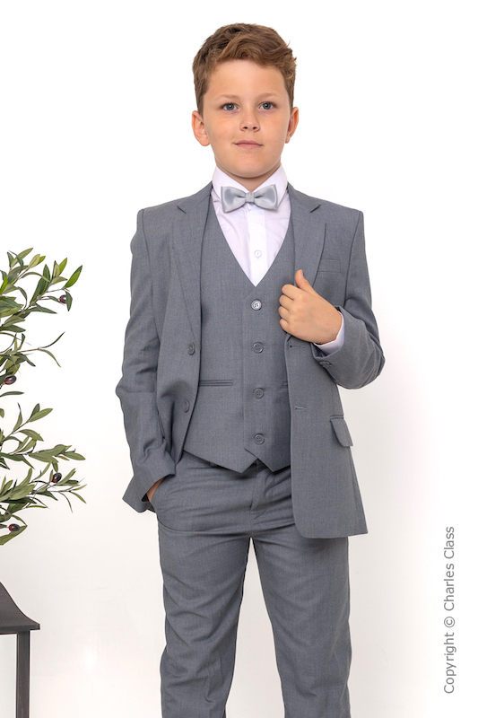 Boys Light Grey Jacket Suit with Silver Dickie Bow - Perry