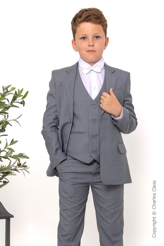 Boys Light Grey Jacket Suit with White Dickie Bow - Perry